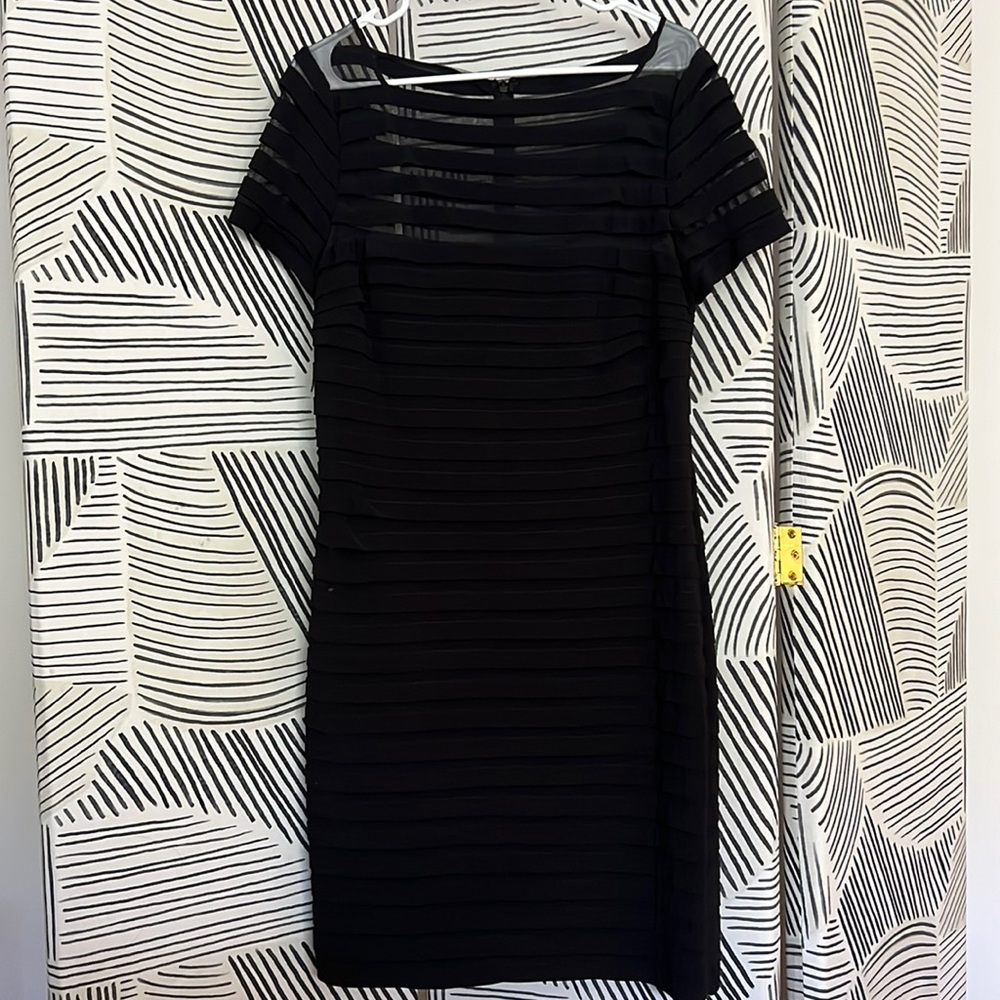 Adrianna Papell black striped mesh midi dress
